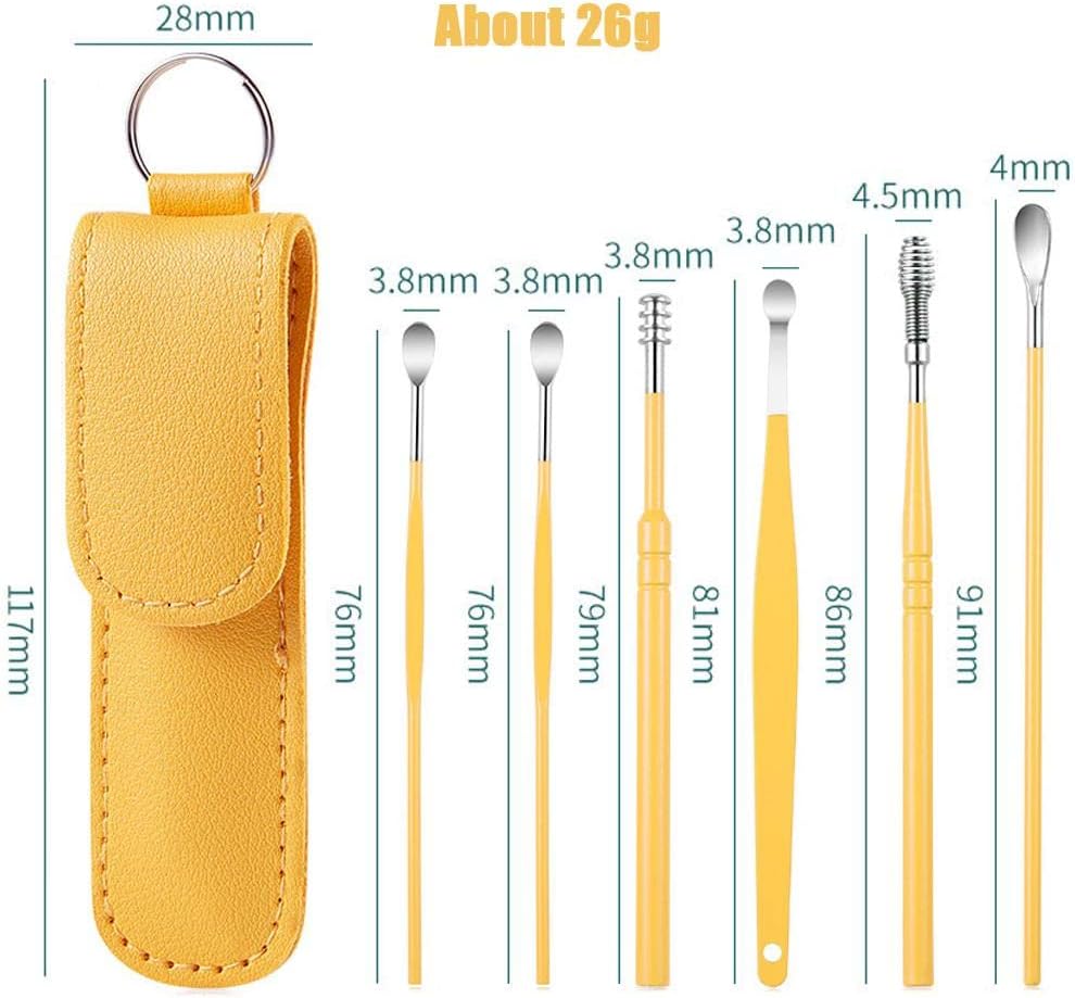 6 Pcs Ear Pick Earwax Removal Kit, Cleansing Tool Set, Curette Cleaner, 360degree Spiral Design Canal Cleaner Stainless Steel,with a Storage Box Portable Kit (Yellow), 11.7x2.8x2cm