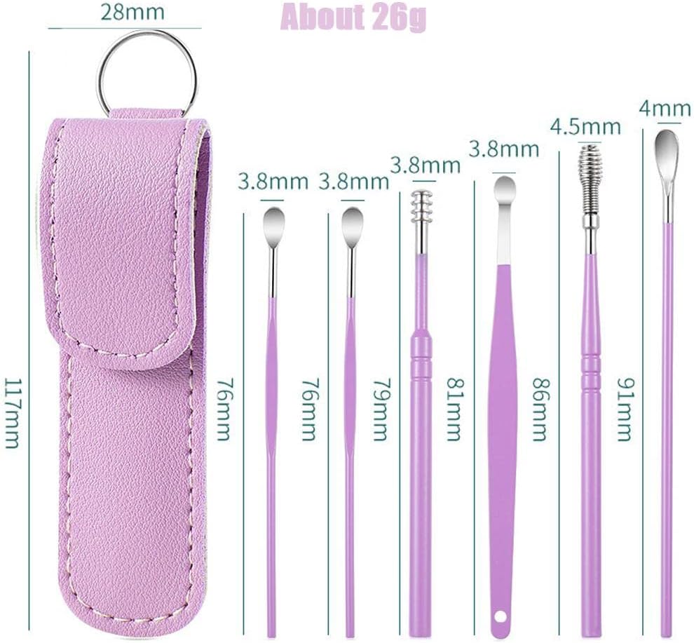 6 Pcs Ear Pick Ear wax Removal Kit Cleansing Tool Set Curette Cleaner 360° Spiral Design Canal Cleaner Stainless Steel,with a Storage Box Portable Kit for Home and Travel(Purple) 11.7*2.8*2cm