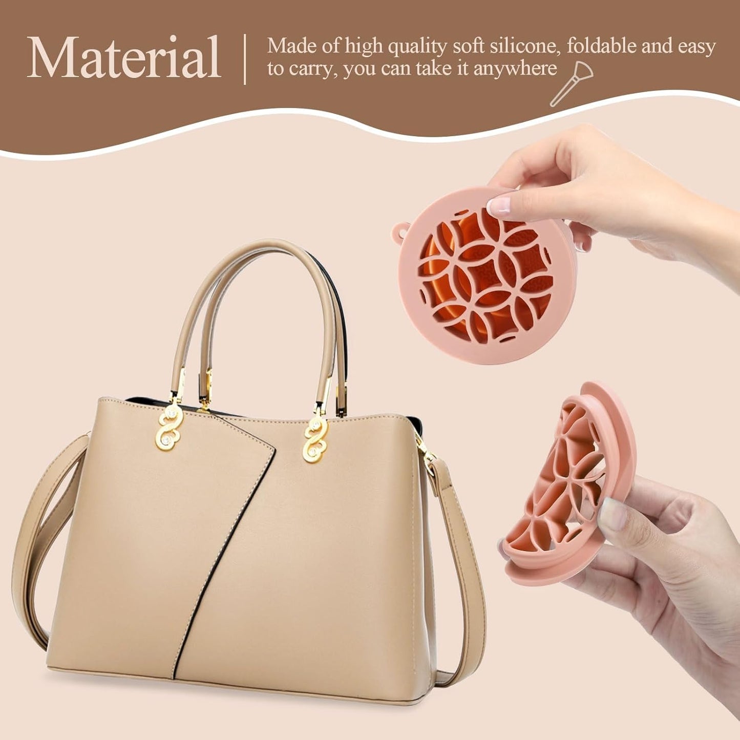 WantGor Makeup Brush Cleaner Mat with Brush Storage Holder, 3 in 1 Foldable Silicone Bowl Cosmetic Brushes Cleaning Pads Tool for Makeup Brush, Makeup Sponge, Powder Puff (Khaki)