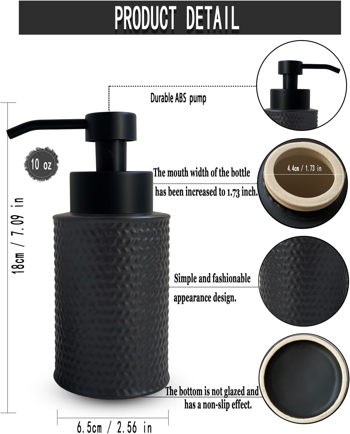 10 Oz Foaming Soap Dispenser for Bathroom,Kitchen Foam Soap Dispenser,Refillable Modern Foam Pump Bottle,Black Ceramic Foaming Hand Pump Dispenser (Black Weave)