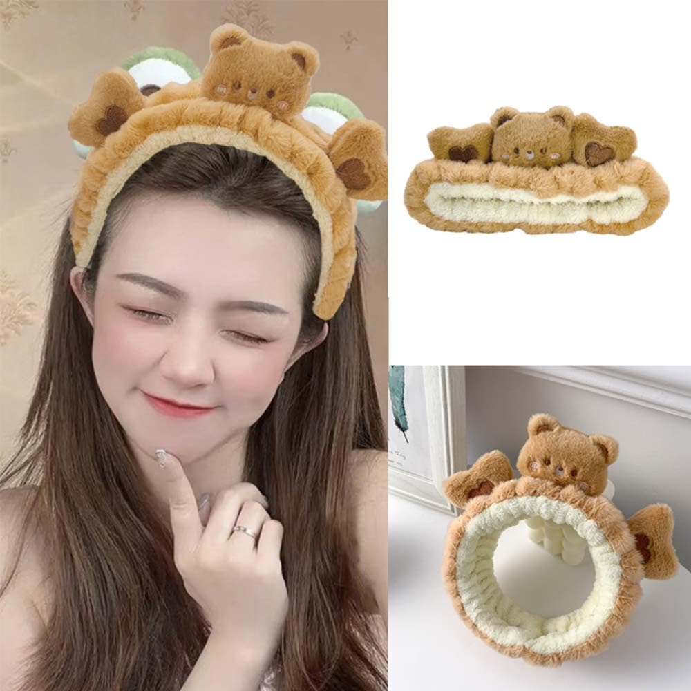 Kawaii Spa Cute Bear Headband for Women Skin Care, Makeup and Wash - Soft Microfiber Coral Fleece Towel Headband for Girls Hair (Brown, Bear)