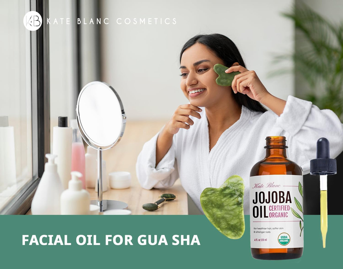 Kate Blanc Cosmetics Jojoba Oil for Hair, Skin & Face with Gua Sha Stone Kit. Gua Sha Oil for Face Massage (4oz, Organic, 100% Pure, Natural)