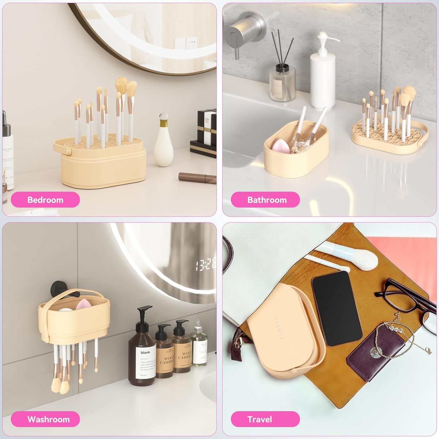 Makeup Brush Cleaner Mat 3 in 1 Makeup Brush Holder Silicone Makeup Brush Drying Rack Make Up Brush Cleaning Bowl Make Up Brush Cleaner Pad Cosmetic Storage Box Cleaning Tool for Sponge Powder Puff