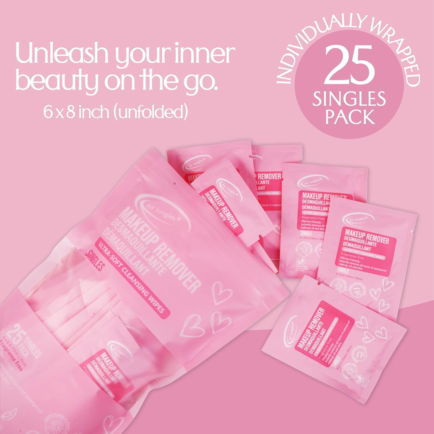 Air Jungles Makeup Remover Wipes Single Wrapped, 25 Ct, Mini Travel Size for Cleansing Face and Eyes, Fragrance-Free, Alcohol-Free, Infused with Vitamin E for All Type Skin