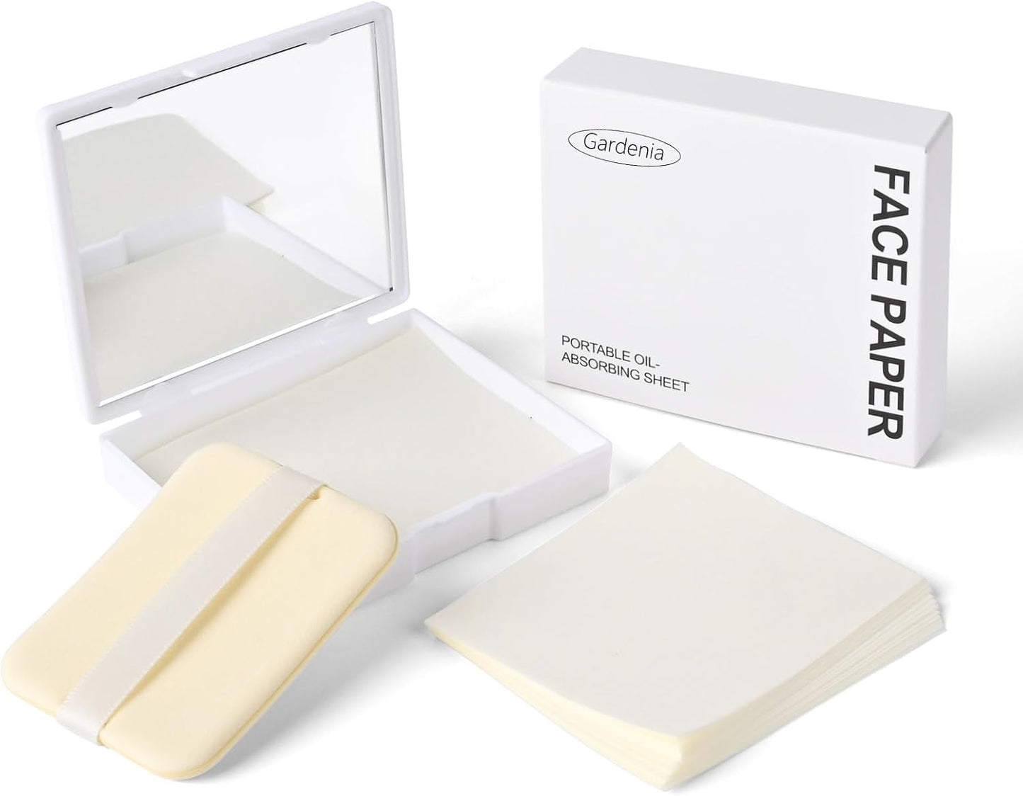 KYDA 200 Sheets Face Oil Blotting Paper, Included Refills, Mirror and Puff, Oil Absorbing Sheets for Makeup, Oil Control Shine, Absorb Excess Oil, Travel Size Gentle Face Makeup, Gardenia