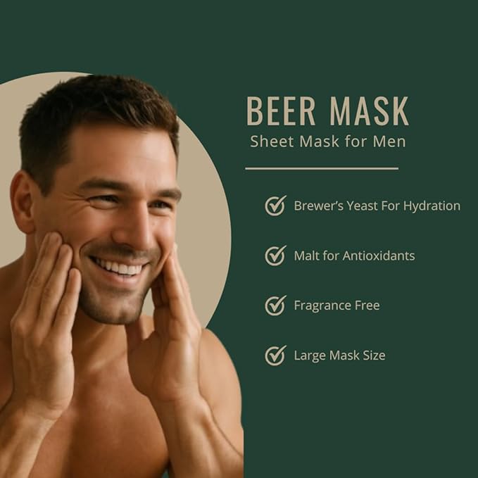 Mens Hydrating Sheet Face Mask for Sensitive, Dry & Tired Skin Beer-Inspired Skincare, Deep Hydration & Relaxation, Fun Gift for Beer Lovers, Birthdays, Groomsmen, Bachelor Parties