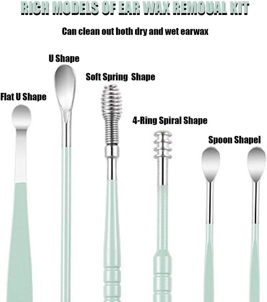 6 Pcs Ear Pick Earwax Removal Kit, Cleansing Tool Set, Curette Cleaner, 360degree Spiral Design Canal Cleaner Stainless Steel, with a Storage Box Portable Kit (Green), 11.7x2.8x2cm