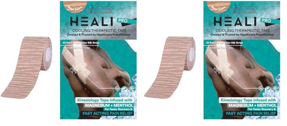 Heali Kinesiology Tape with Magnesium and Menthol, 20 Pcs Precut Strips, K Tape Roll, Knees, Physical Therapy Sports Tape for Muscle and Joint Pain Relief, Water Resistant, Beige with Zebra