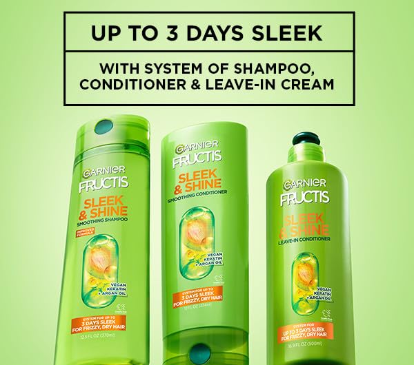 Garnier Fructis Sleek and Shine Intense Smooth Leave In Conditioner, Conditioning Hair Cream for Frizzy, Dry Hair, Plant Keratin + Argan Oil, Value Size, 16.9 Fl Oz