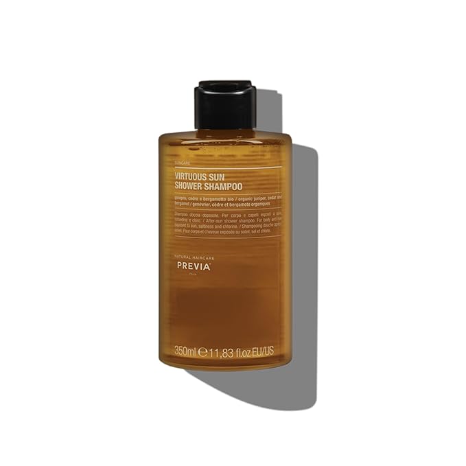 PREVIA Virtuous Sun Shower Shampoo | 2-in-1 Hair & Body Wash with Organic Juniper, Cedar & Bergamot | After-Sun Cleanser for Salt & Chlorine Removal | Vegan, Eco Bio Formula | 12 oz