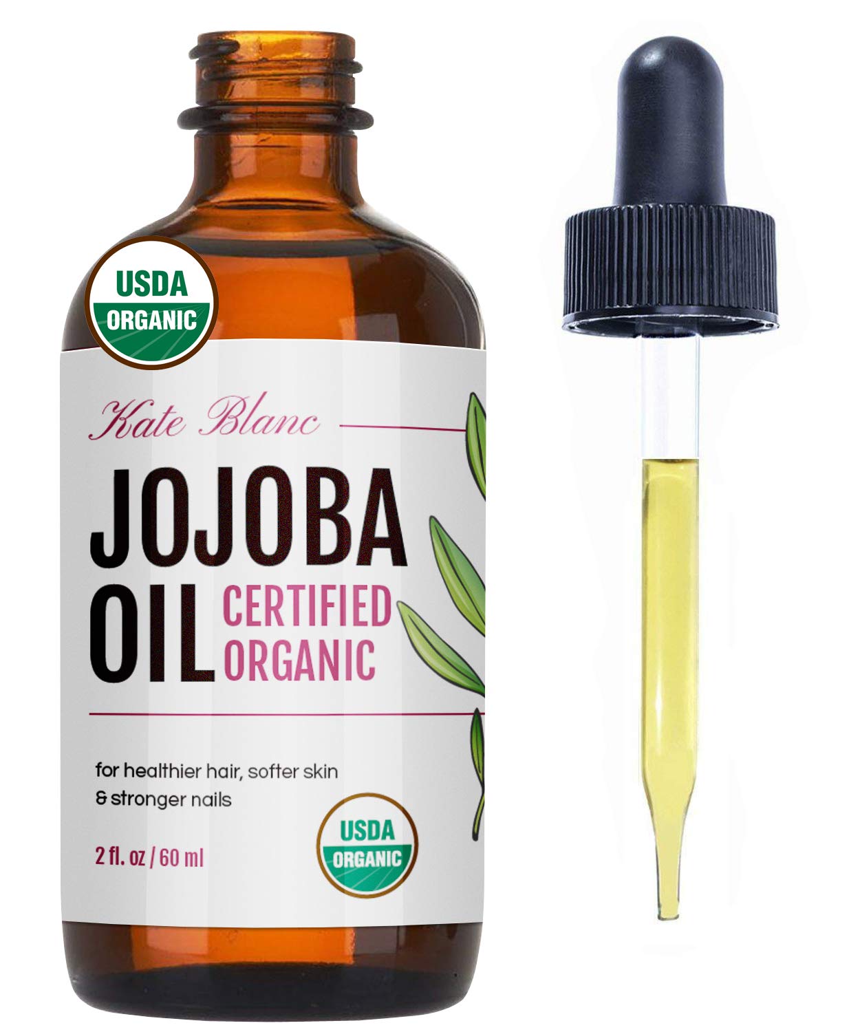 Kate Blanc Cosmetics Jojoba Oil for Softer Hair & Smoother Skin. Gua Sha Oil for Face & Dermaplaning (2oz, Organic, 100% Pure, Natural)