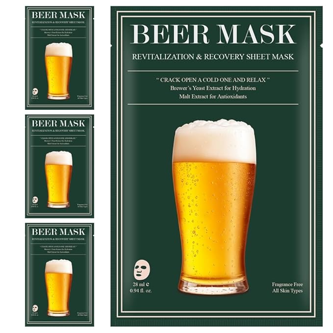 Bachelor Party Pack – 4 Beer Inspired Sheet Masks for Men, Funny Groomsmen Gift, Bachelor Party Favors, Men’s Hydrating Face Mask