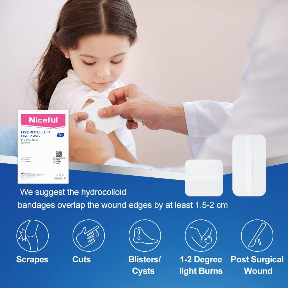10 Count Hydrocolloid Bandages Large, 2" x 4" Hydrocolloid Wound Dressing Extra Thin for Light Exudate, Hydrocolloid Gel Bandages Fast Healing