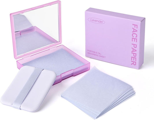 KYDA 200 Sheets Face Oil Blotting Paper, Included Refills, Mirror and Puff, Oil Absorbing Sheets for Makeup, Oil Control Shine, Absorb Excess Oil, Travel Size Gentle Face Makeup, Lavender