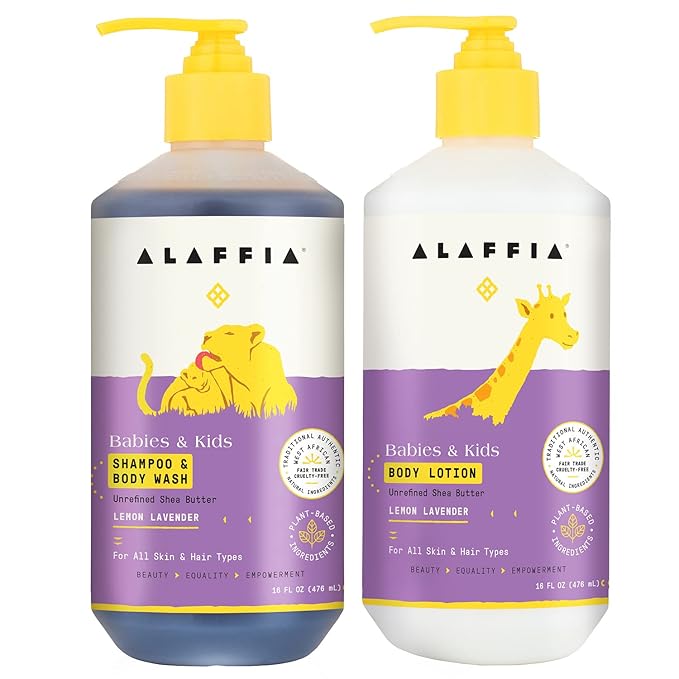 Alaffia Babies and Kids Shampoo & Body Wash and Body Lotion (16Oz) - Gentle Everyday Bath Essentials for Delicate Skin/Hair- Paraben & Sulfate Free - Natural Plant-Based Lemon Lavender Scent