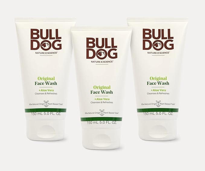 BULLDOG Mens Skincare and Grooming Original Face Wash with Aloe, Camelina & Green Tea, 5 Fl. Oz. - Pack of 3