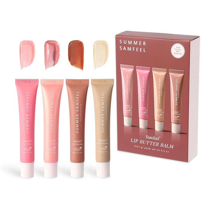 4 Pack Summer Samfeel Lip Balm Tinted Lip Butter Balm Gift Set -Conditioning Vegan Lip Balm for Instant Moisture, Shine & Hydration - Lip Gloss Lip Care (Pink Sugar+Birthday Cake+Vanilla+Beige, 15g)