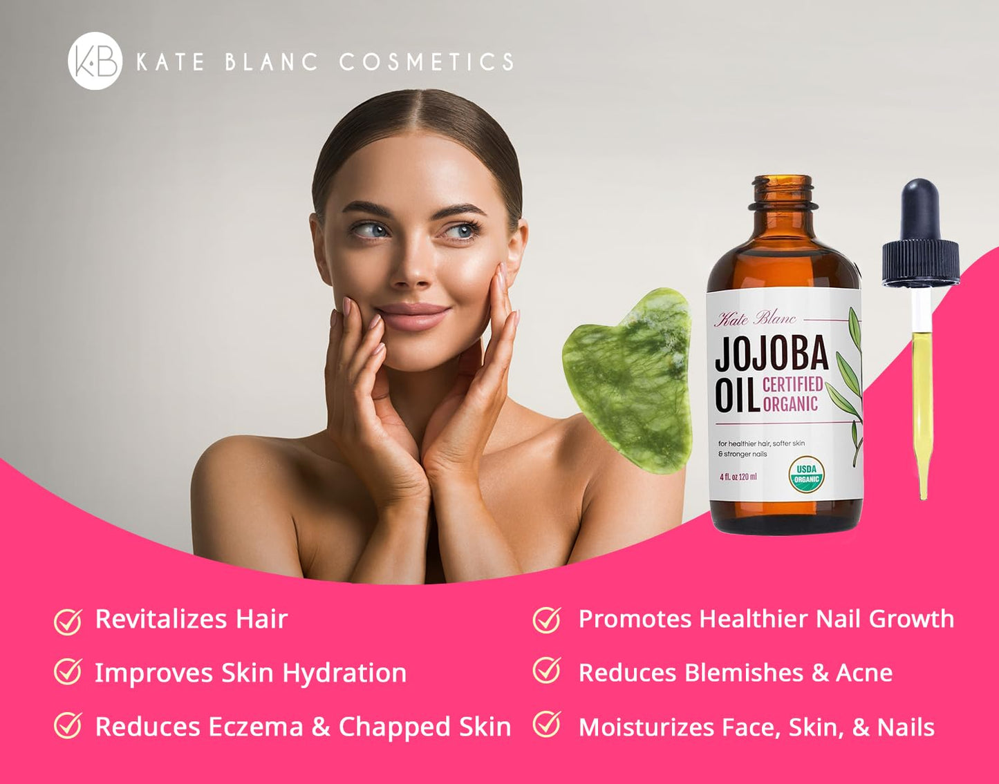 Kate Blanc Cosmetics Jojoba Oil for Hair, Skin & Face with Gua Sha Stone Kit. Gua Sha Oil for Face Massage (4oz, Organic, 100% Pure, Natural)