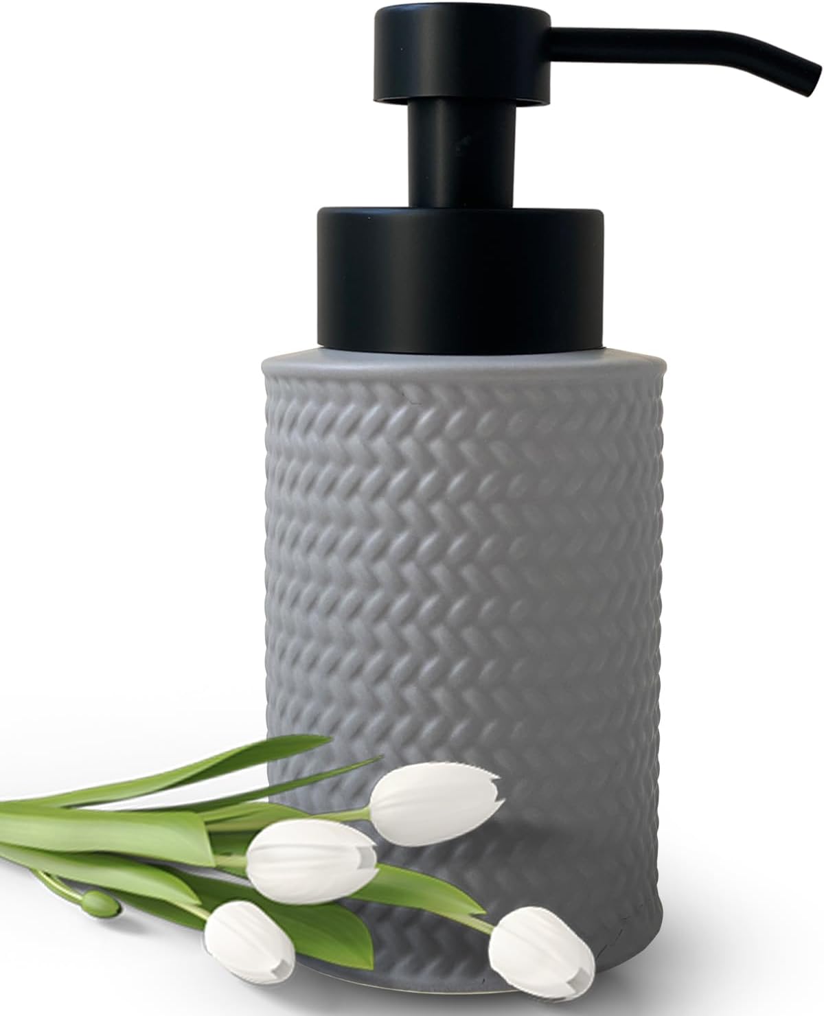 10 Oz Foaming Soap Dispenser for Bathroom,Kitchen Foam Soap Dispenser,Refillable Modern Foam Pump Bottle,Black Ceramic Foaming Hand Pump Dispenser (Grey Weave)