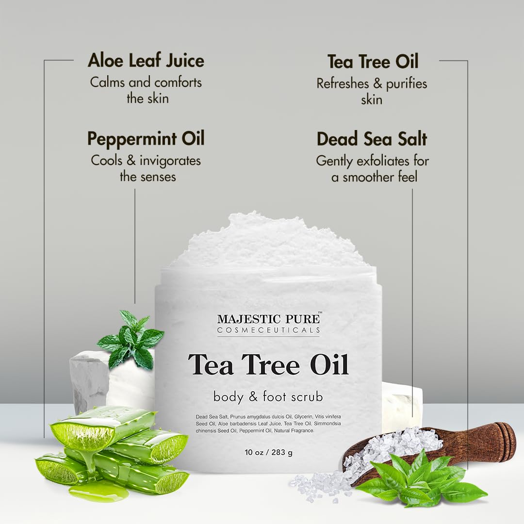 MAJESTIC PURE Tea Tree Foot & Body Scrub with Tea Tree Oil, Exfoliating Salt Scrub to Exfoliate & Moisturize Skin, Deep Cleansing - 10 oz