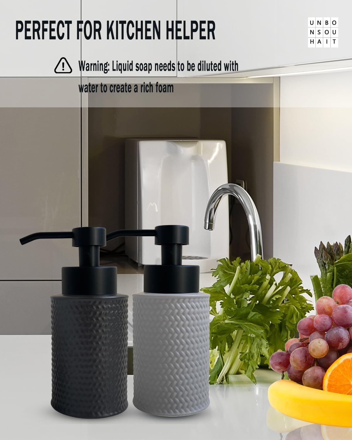 10 Oz Foaming Soap Dispenser for Bathroom,Kitchen Foam Soap Dispenser,Refillable Modern Foam Pump Bottle,Black Ceramic Foaming Hand Pump Dispenser (Grey Weave)