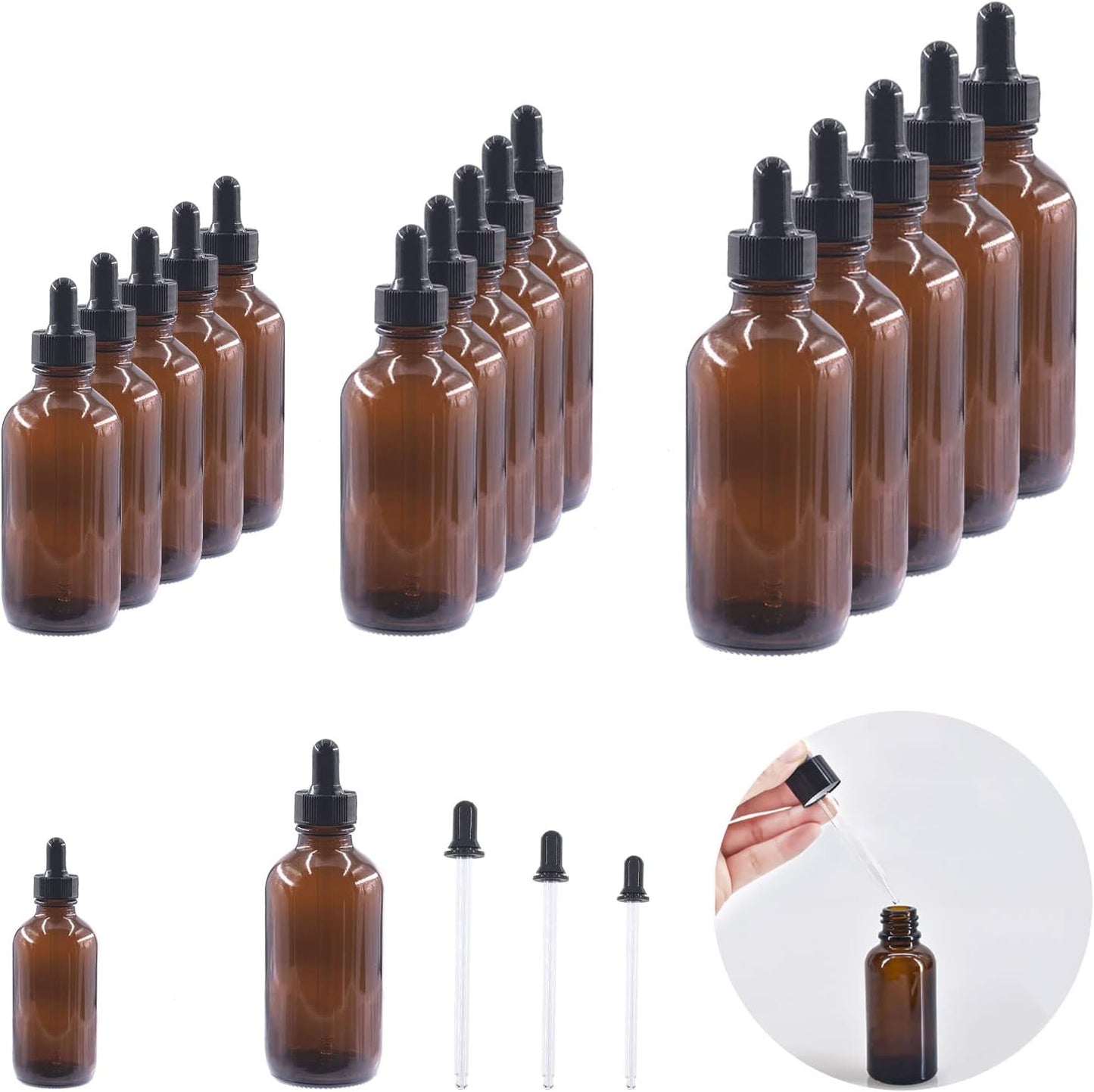 Keadic 24 Pack Dropper Bottle, 1 Oz 2 Oz 4 Oz Amber Glass Eye Dropper Bottle Amber Glass Tincture Bottles for Essential Oils Perfumes Liquids
