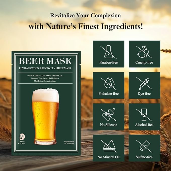 Mens Hydrating Sheet Face Mask for Sensitive, Dry & Tired Skin Beer-Inspired Skincare, Deep Hydration & Relaxation, Fun Gift for Beer Lovers, Birthdays, Groomsmen, Bachelor Parties
