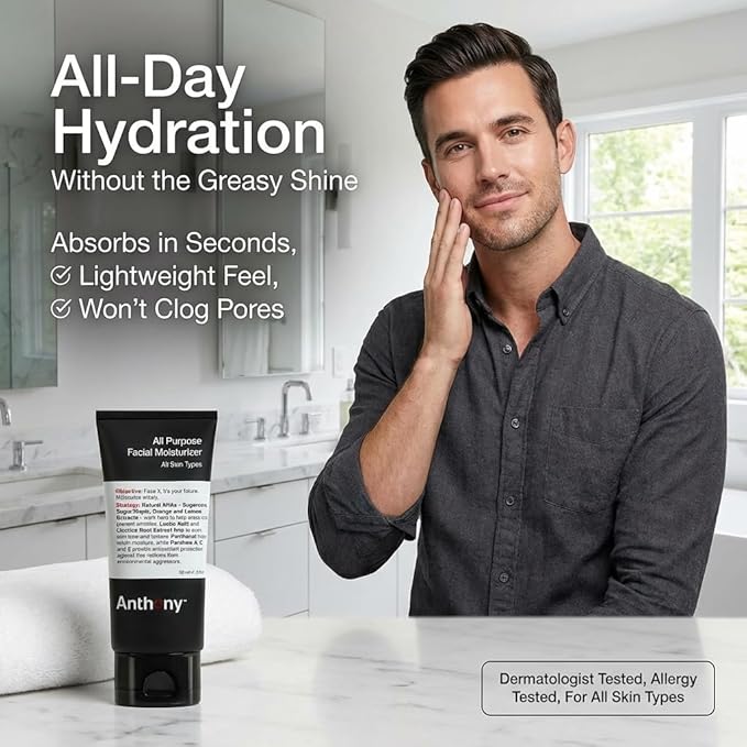 Anthony All-Purpose Facial Moisturizer – Men’s Hydrating Lotion for Dry Skin – Lightweight, Non-Comedogenic, Anti-Aging Formula – 3 Fl Oz