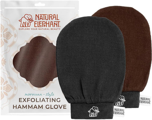 Natural Elephant Exfoliating Hammam Glove | Authentic Moroccan Kessa Body Scrub Mitt for Spa-Quality Skin Renewal | Black & Brown Pack of 2