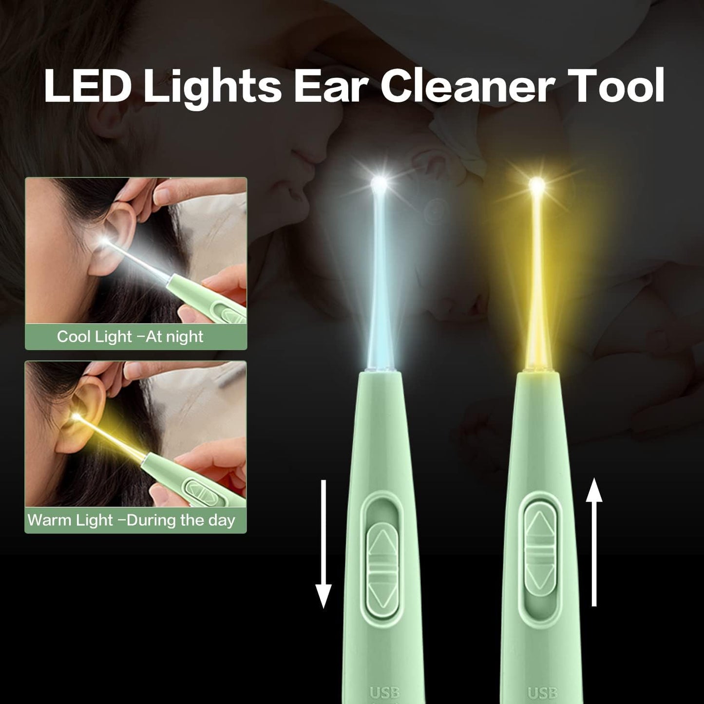 Ear Wax Removal Tools,9 Pack Ear Cleaning Tool,Ear Pick with 2 LED Lights,Built-in USB Ear Wax Remover for Kids and Adults