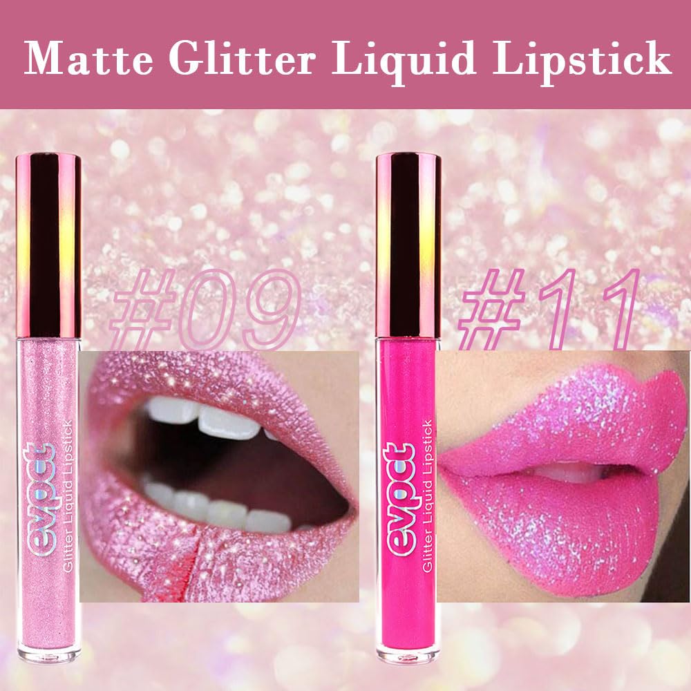 evpct 2Pcs Rose & Hot Pink Glitter Metallic Shimmer Diamond Lipstick Lip Gloss Set for Women Long Lasting Waterproof, Light Bright Rose Pink Sparkle Glitter Matte Liquid Lipstick Lip Makeup Kit