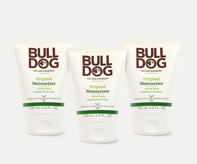 BULLDOG Mens Skincare and Grooming Original Face Moisturizer with Aloe Camelina & Green Tea 3.3 Fl. Oz - Pack of 3