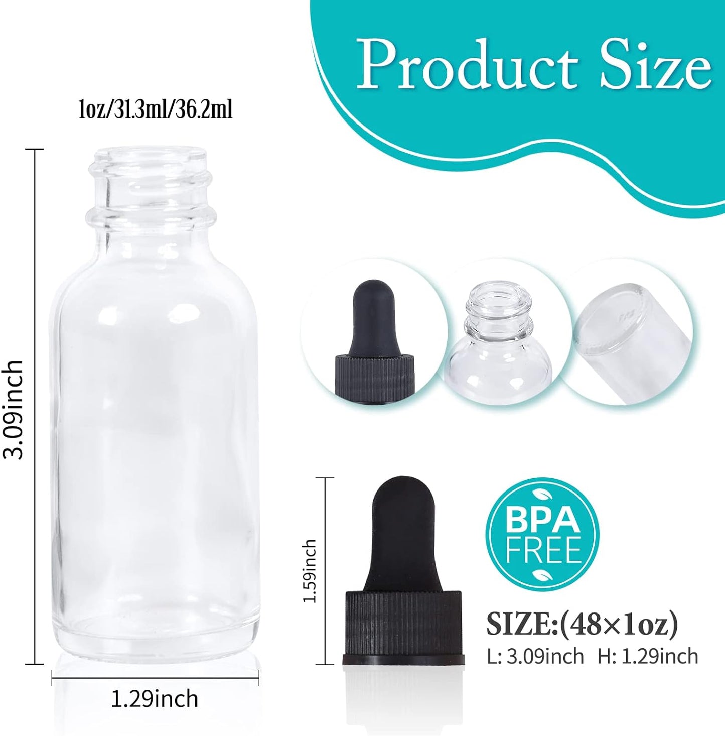 1 oz Dropper Bottle 48 Pack Clear Glass Boston Bottles 30ml with Eye Droppers Black Caps for Essential Oils, Perfume, Leak Proof Travel Bottles for Liquids