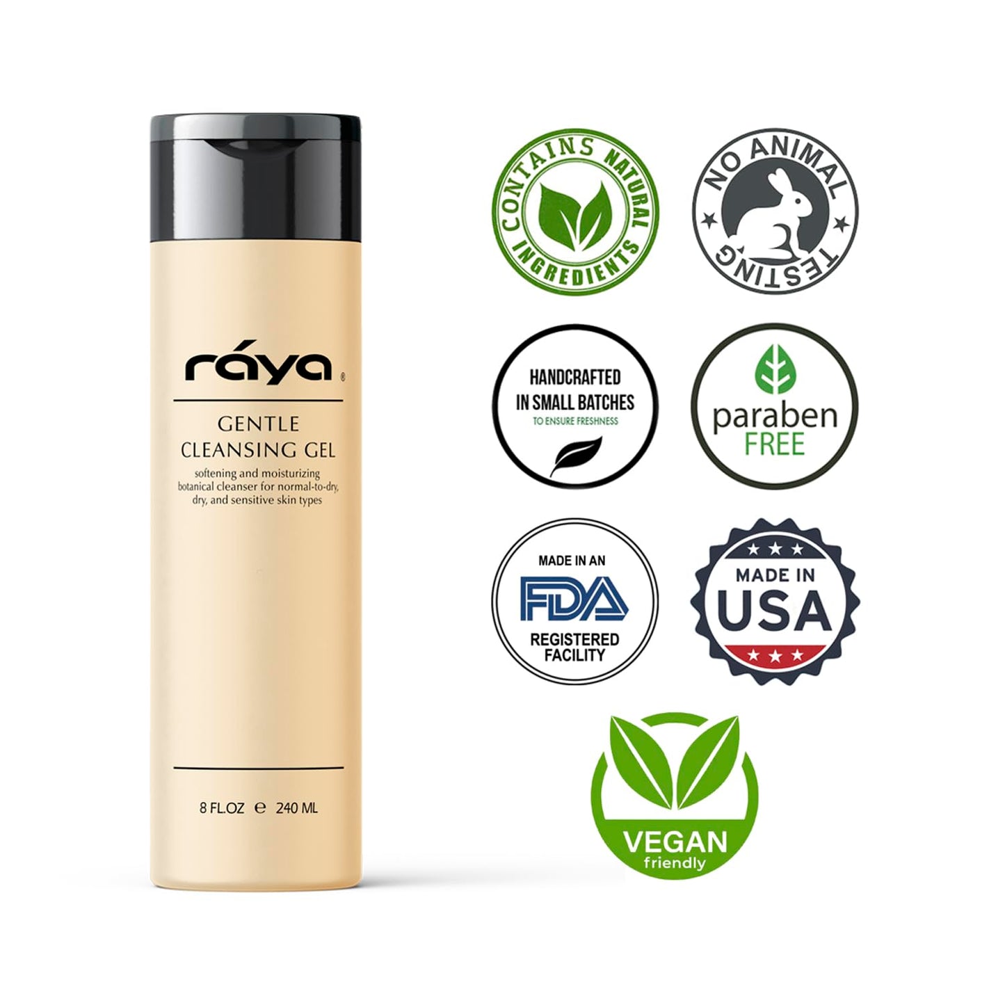 Raya Gentle Facial Cleansing Gel 8 oz (104) | Softening and Moisturizing Botanical Cleanser for Dry and Sensitive Skin| Helps Hydrate Smooth Complexion