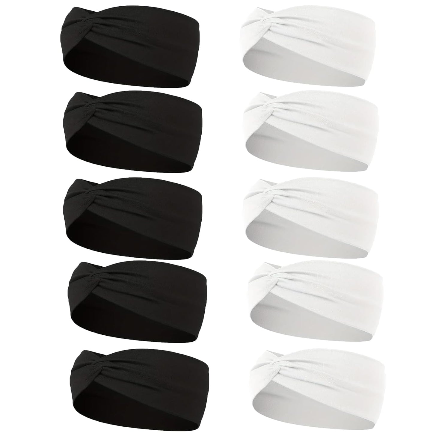 10 Pcs Wide Absorbent Sport Headbands for Women, Non-slip, Stretchy, Soft Cotton Twist Knotted Hair Bands for Daily Workout Yoga Running Sports (White & Black)