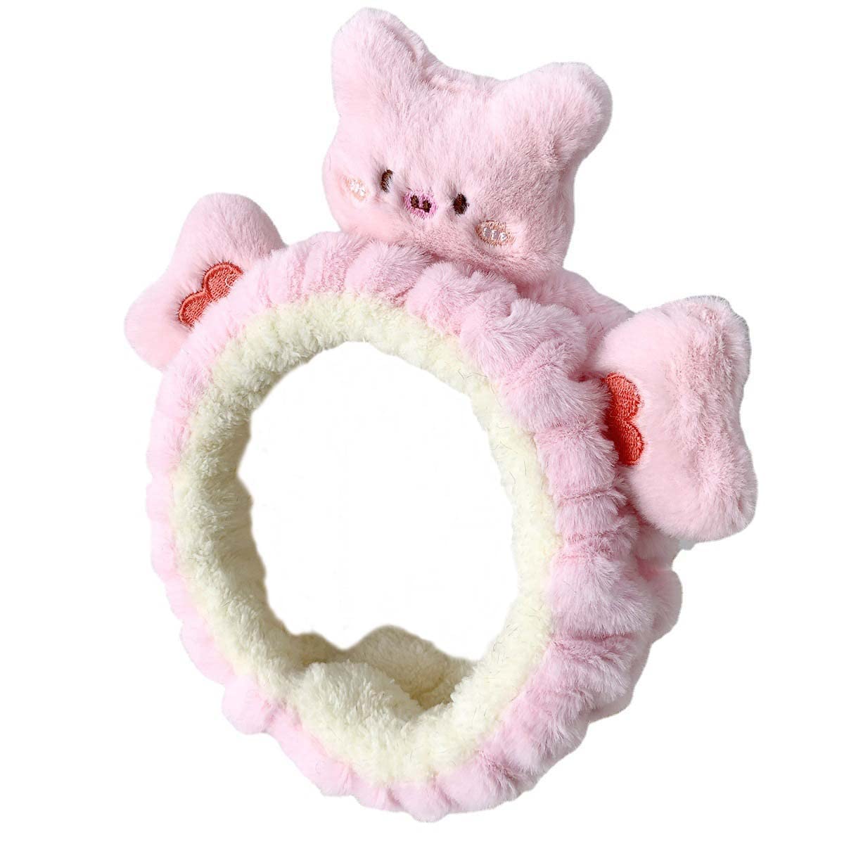 Kawaii Spa Headband - Cute Bear Design for Women's Skin Care, Makeup and Wash - Soft Microfiber Coral Fleece Towel for Girls Hair (Pink, Bear)