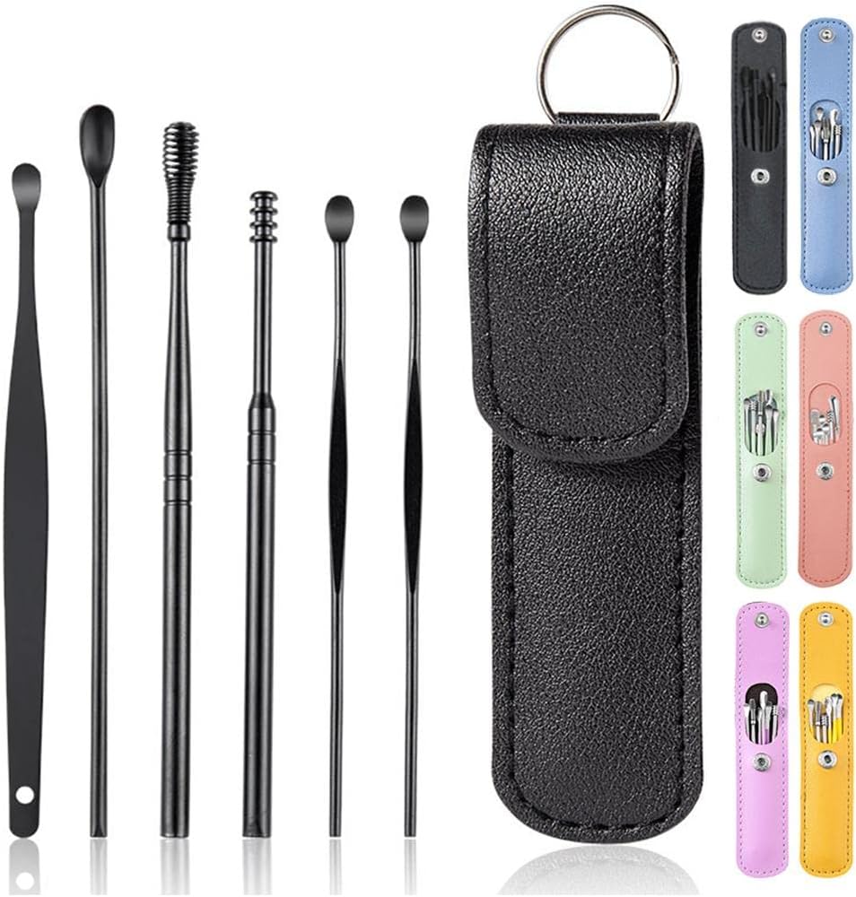 Spring Ear Cleaning Tool Kit - Contains 6 Pieces of Adult Spiral Ear Wax Remover, Ear Picker, Ear Wax Remover, Etc. -Ear Wax Removal Kit with Housing - Black