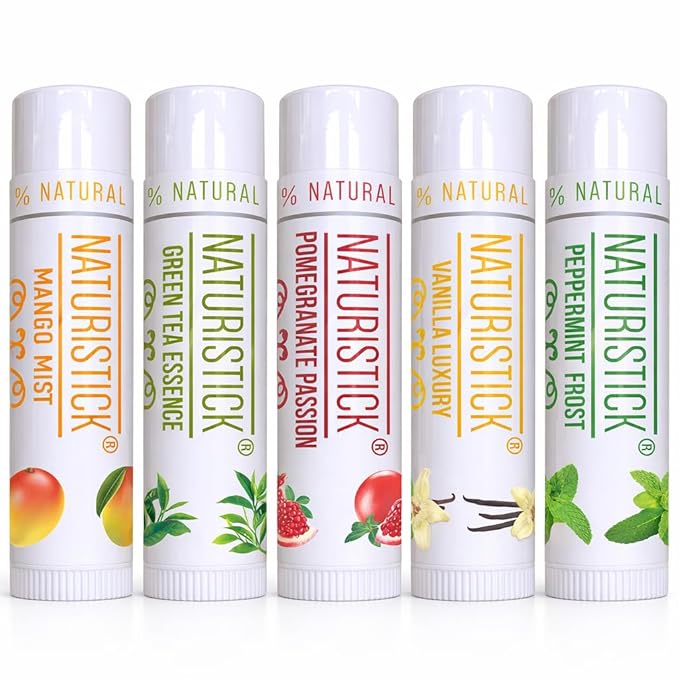 5-Pack Premium Beeswax Lip Balm by Naturistick | Chemical-Free, 100% Natural Chapstick for Dry, Chapped Lips | Made with Coconut Oil, Shea Butter, Aloe Vera | 5 Assorted Scents | Made in the USA