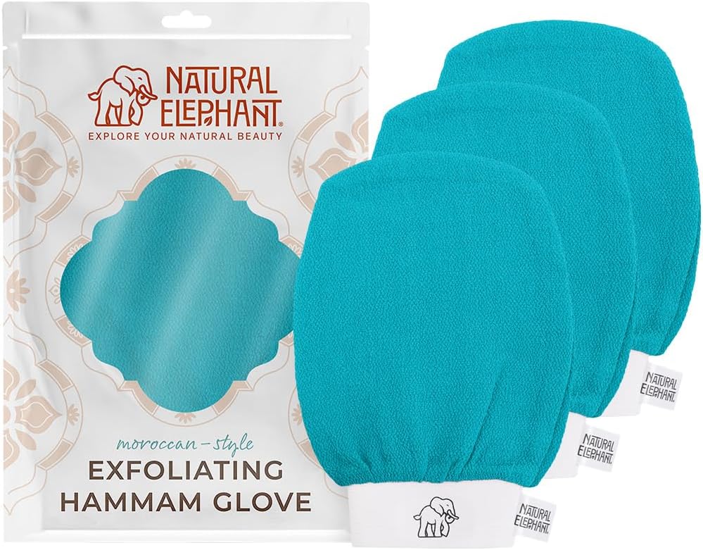 Natural Elephant Exfoliating Hammam Glove | Authentic Moroccan Kessa Body Scrub Mitt for Spa-Quality Skin Renewal | Teal Waves 3 Pack