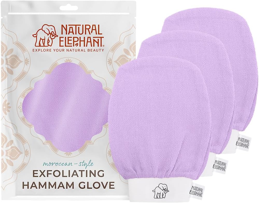 Natural Elephant Exfoliating Hammam Glove | Authentic Moroccan Kessa Body Scrub Mitt for Spa-Quality Skin Renewal | Lovely Lilac 3 Pack