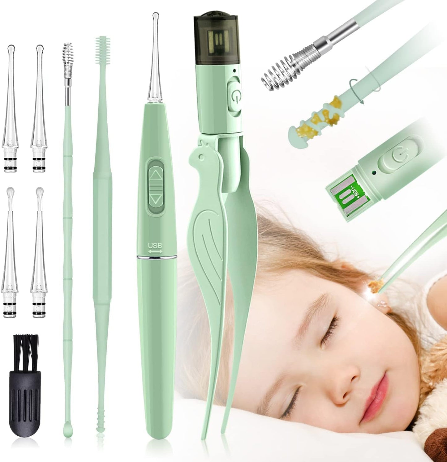 Ear Wax Removal Tools,9 Pack Ear Cleaning Tool,Ear Pick with 2 LED Lights,Built-in USB Ear Wax Remover for Kids and Adults