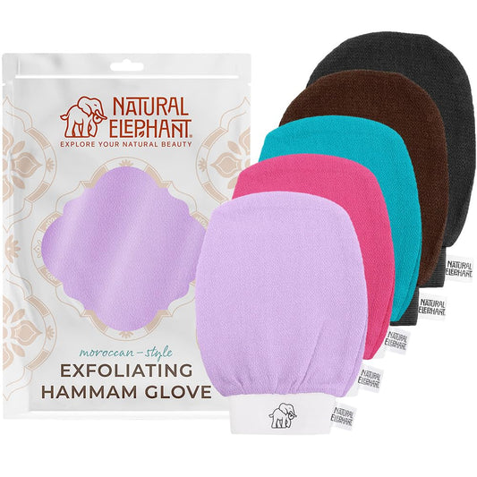 Natural Elephant Exfoliating Hammam Glove - Face and Body Exfoliator Mitt 5 and 10 Packs (1 Black, 1 Brown, 1 Lilac, 1 Teal, 1 Pink (Pack of 5))