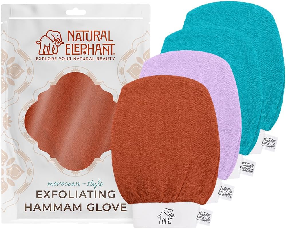 Natural Elephant Exfoliating Kessa Glove - Face and Body Exfoliator Hammam Mitt (2 Teal, Orange and Lilac (Pack of 4))