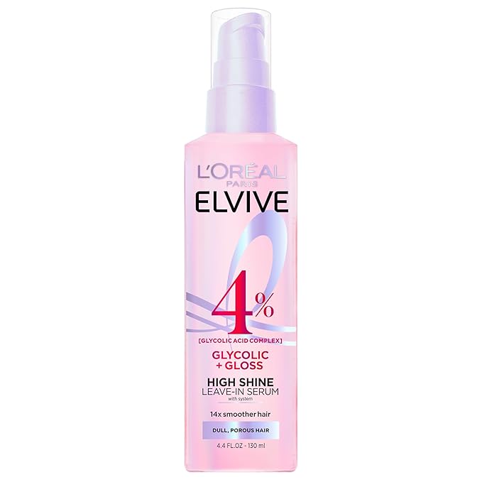 L'Oreal Paris Elvive Glycolic + Gloss High Shine Leave-In Hair Serum, Smooths Dull, Porous Hair Into High-Shine, Glossy Hair, 4.4 Fl Oz