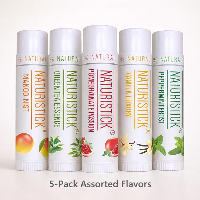 5-Pack Premium Beeswax Lip Balm by Naturistick | Chemical-Free, 100% Natural Chapstick for Dry, Chapped Lips | Made with Coconut Oil, Shea Butter, Aloe Vera | 5 Assorted Scents | Made in the USA