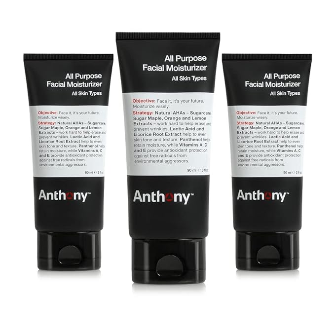 Anthony All-Purpose Facial Moisturizer for Men, Hydrating Lotion for Dry Skin, Lightweight, Non-Comedogenic, Anti-Aging Formula, 3 Fl Oz, Pack of 3