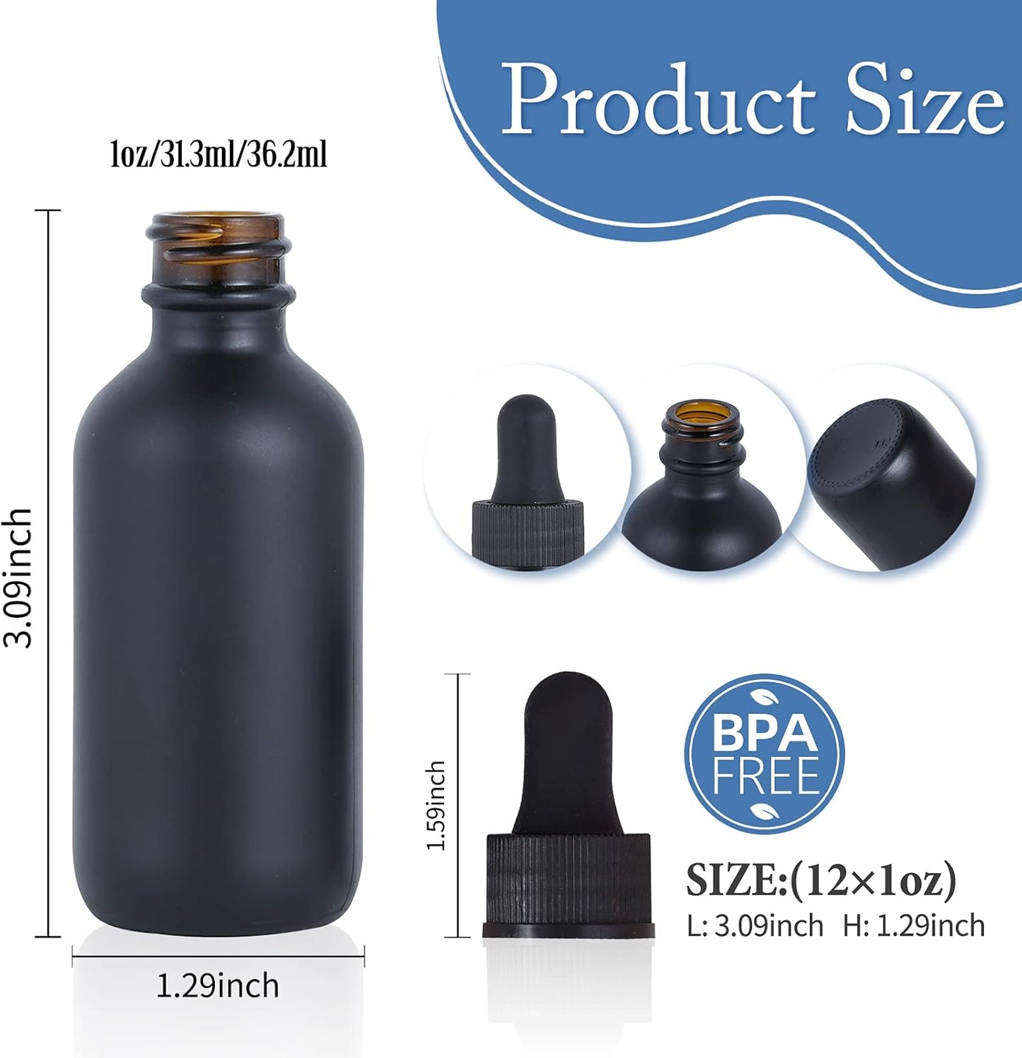 1 oz Dropper Bottle 12 Pack Black Glass Boston Bottles 30ml with Eye Droppers Black Caps for Essential Oils, Perfume, Leak Proof Travel Bottles for Liquids