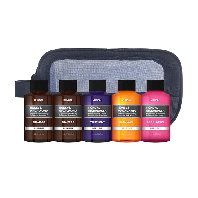 KUNDAL Honey & Macadamia Travel Set, 5 Piece Set with 2 Shampoo, Treatment, Body Wash, Body Lotion, 100ml Each, 500ml Total with Travel Bag, Baby Powder