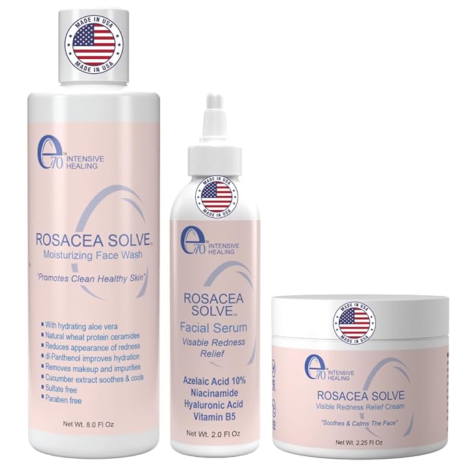 Rosacea Treatment Skincare for Women & Men - Face Wash, Rosacea Cream & Face Serum, Moisturizer Redness Reducing Skin Care with Aloe Vera, Hyaluronic Acid & Fruit Extracts, Made in USA by e70