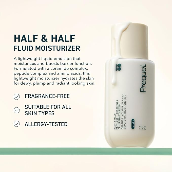 Prequel Skin Half and Half Fluid Moisturizer Face Cream. Lightweight Ceramide Peptide Lotion for All Skin Types, including Dry and Sensitive. Hydrating Facial Cream for Women and Men (Pack of 2)